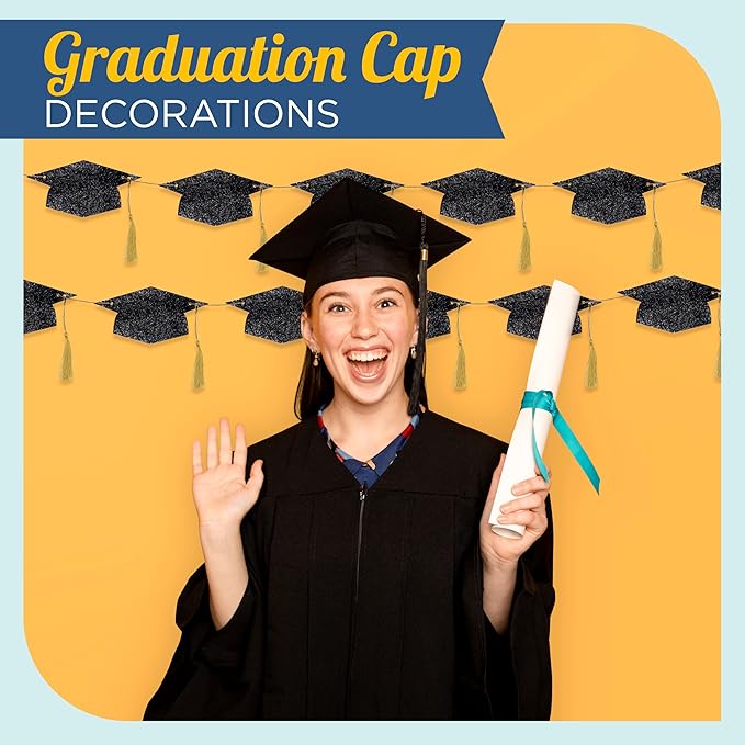 4E's Novelty Graduation Cap Banner – Black Glitter 2026 Grad Cap Garland, Grad Party Decorations 2025, Hanging Graduation Decor for College, High School & Outdoor Celebrations