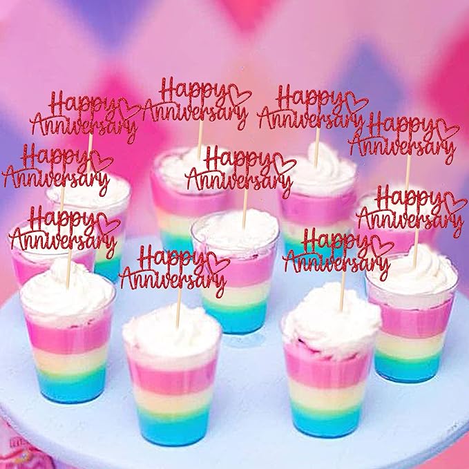 24 PCS Happy Anniversary Cupcake Toppers Glitter Wedding Anniversary Cupcake Picks Anniversary Theme Cupcake Decorations Baby Shower Birthday Wedding Anniversary Party Cake Decorations Supplies Red