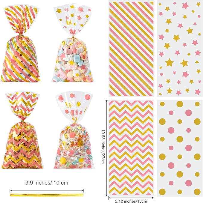 Aegero 120 Pack Pink/Gold (wave dots/ wave stripes /diagonal stripes/Star Printed)Cellophane Treat Bags,10.63 x 5.12 Inch Plastic Candy Goodies Bags with 140 Pcs Twists for Valentine,Birthday,Bakery,Wedding,Gift Cookie Snack Packing,Party Favor Supplies