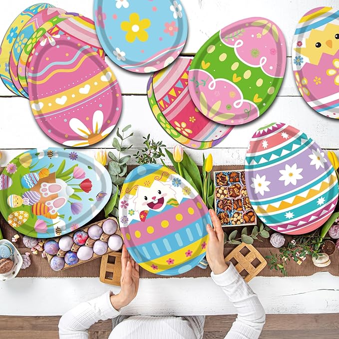 HAKOTI Easter Egg Tableware - 60 Pcs Bunny Egg Shaped Plates & Napkins Set for Happy Easter Dinnerware & Party Decorations