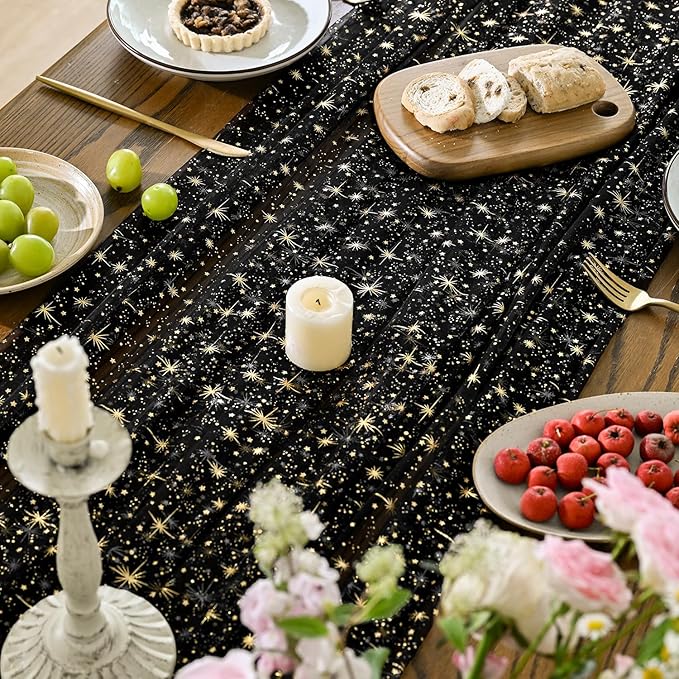 Horaldaily Black Gold Sparkling Star Gauze Tablecloth 60x140 Inch Rectangular, Golden Star Sequin Glitter Metallic Foil, Sheer Tulle Cheesecloth for Wedding Baby Shower Party