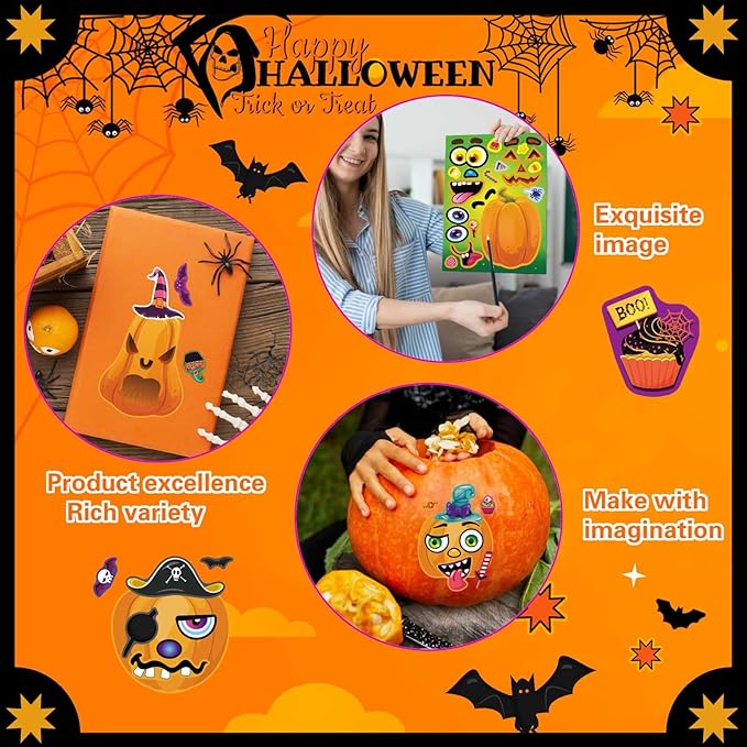 Halloween Stickers for Pumpkins 24 PCS Make-a-Face Stickers Halloween Pumpkin Craft Stickers, Make Your Own Halloween Stickers Halloween Party Favors Treats Party Games Goody Bag Filler