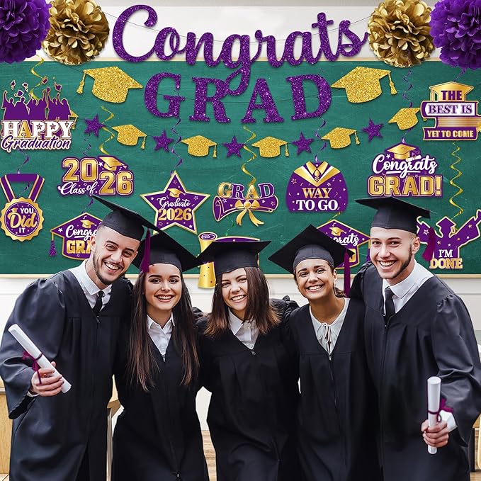 Purple Graduation Decorations, Glitter Congrats Grad Banner Hanging Swirls and Tissue Pom Poms, Purple and Gold Graduation Decorations for Class of 2026 College Graduations Party Decorations