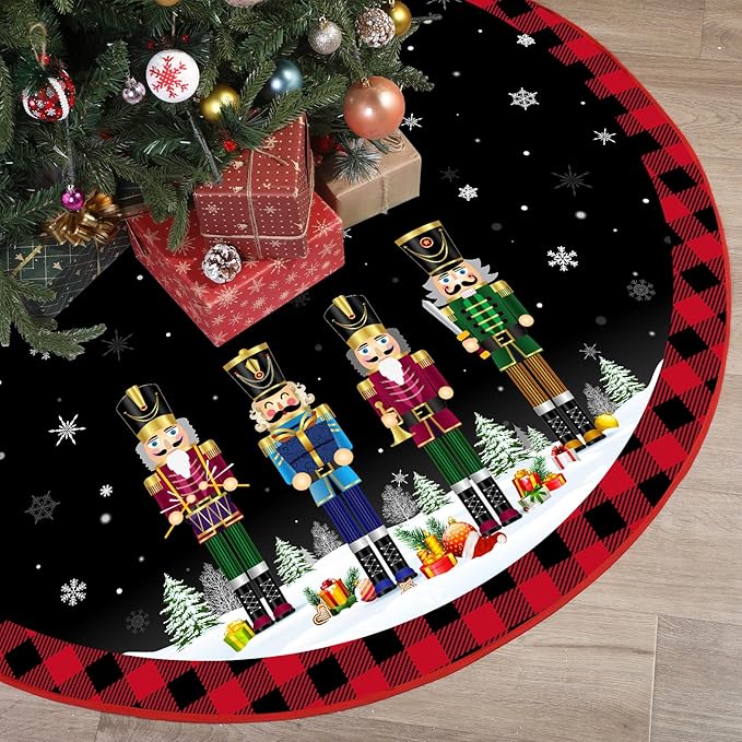 48 Inch Christmas Tree Skirt Double Layer Large Snowflake Xmas Tree Mat Decor for Winter Holiday Party Indoor Outdoor Christmas Decorations(Black,Nutcracker)