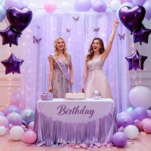 10ft x 10ft Purple Backdrop Curtain with Lights String for Parties, Sheer Tulle Wedding Photo Backdrops Drapes for Purple Birthday Party Decorations Background for Photography