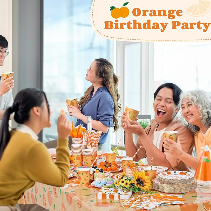 Ceenna 452 Pcs Orange Theme Party Supplies for 50, Little Cutie Is on the Way Paper Plates Napkins Cups Tablecloth Cutlery Straw Disposable Tableware for Summer Birthday Baby Shower Party Decoration