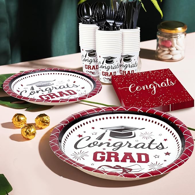 Whaline 175 Pcs Graduation Paper Plates and Napkins Set Dinnerware Maroon Congrats Grad Disposable Tableware Cups and Cutlery for 25 Guests Graduates Party Supplies