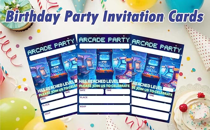 CLIRBE Arcard Games Birthday Party Invitations, Glow Neon Games Birthday Invitations For Brother Bro Teen Boys Girls, 20 Invites Cards With 20 Envelopes, Party Supplies Favors -H12