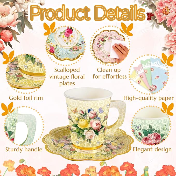 140PCS Spring Tea Party Decorations, Floral Paper Tea Cups & Saucer Set, Disposable Floral Cups With Handle Napkins Plates Knives Forks for Girls Kids Afternoon Tea Birthday, Wedding Party Supplies