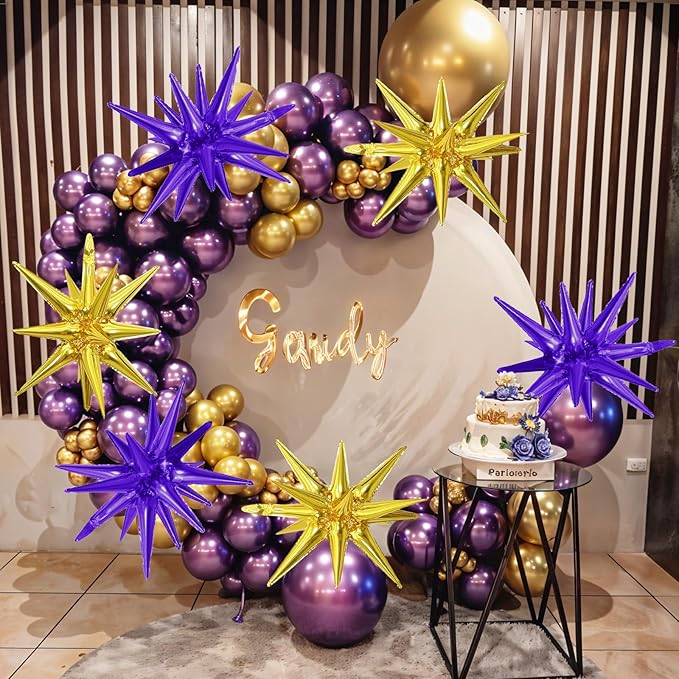 6PCS Purple Gold Star Balloons, 22Inch Large Star Shaped Balloon Foil Spike Balloon Cone Balloons for Graduation Birthday Wedding Baby Shower Halloween Festival Ceremony Decorations