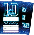 SIXEIGHT Blue 10th Birthday Party Invitations for Kids, Glow Neon 10th Birthday Invitations for Boys Girls, 20 Pack Blue Invites with Envelopes, Glow Neon Party Decorations Supplies, 4"x6"-C10