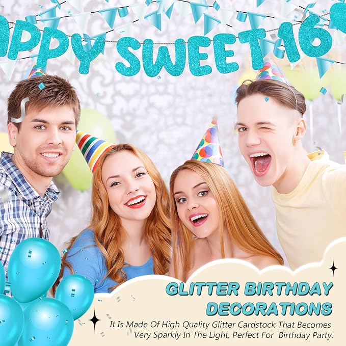 Fulmoon Pre Strung Happy Sweet 16 Banner Glitter Sixteenth Birthday Party Decorations 16th Party Sign Sweet 16 Party Decorations for Birthday Party Bachelorette Party(Sky Blue)