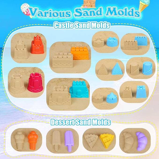 FUSPWEAO Beach Toys Sand Toys for Kids, Sand Castle Toys for Beach with 2 Castle Bucket and Mesh Bag, Sand Molds, Shovels and Rakes, Sandbox Toys for Toddlers, Travel Beach Toys for Kids 3-10
