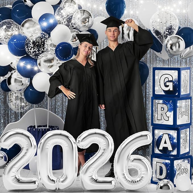 Graduation Party Decoration Class of 2026, 86PCS Blue & Silver Graduation Party Supplies High School College Grad Balloon Boxes with Letter, Foil Curtain, LED String Light, Balloon Garland Kit