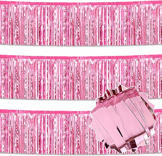 3 Pack 10 Ft Pink Foil Fringe Garland Metallic Streamers Tinsel Banner Wall Hanging Garland Backdrop for Parade Floats, Halloween, Christmas, Thanksgiving, New Year Party Decorations