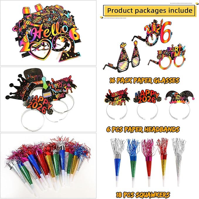 Konsait 40 PCS New Years Eve Party Supplies, Colorful Happy New Years Glasses, New Year Headband, 2026 New Year Noise Makers for Happy New Years Decorations 2026 Kit New Years Eve Party Favors