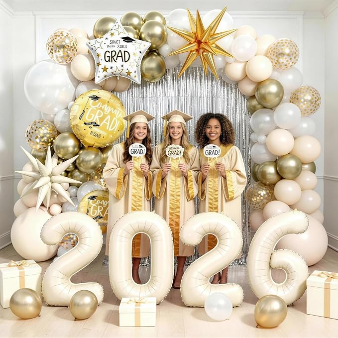 Sand White Gold Balloon Arch Kit, Graduation Balloon Garland Sand Gold White Balloons with Foil Star Confetti Balloons for 2026 College High School Graduation Decorations Class of 2026