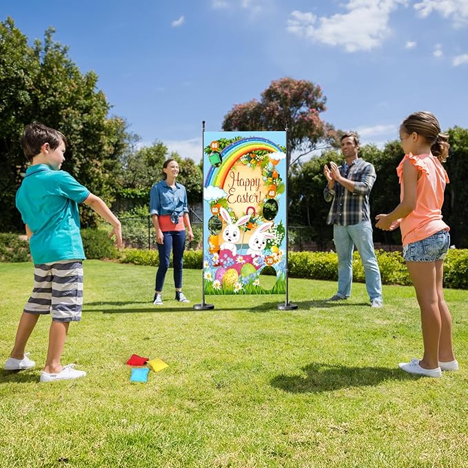 Atonofun Easter Outdoor Party Games for Kids, Potato Sack Race Jumping Bags, Bunny Ears Headbands, Egg and Spoon Race, Legged Relay Race Bands for Easter Theme Party Favor, Easter Eggs Hunt Game