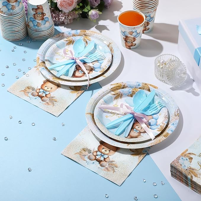 350 Pcs Bear Baby Shower Party Supplies We Can Bearly Wait Paper Plates Napkins Cups and Plastic Cutlery Party Tableware Set for Bear Baby Shower Birthday Decorations, Serves 50