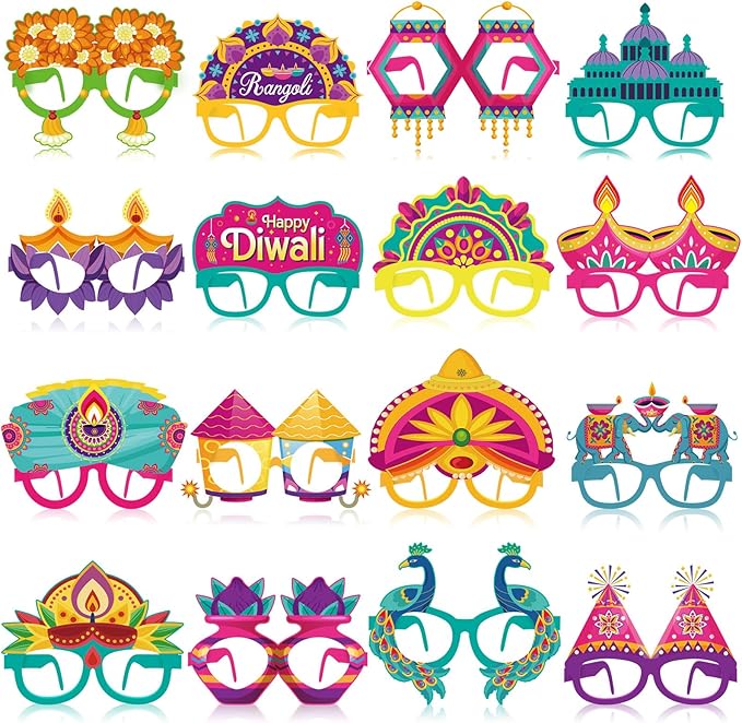 Pajean 32 Pcs Diwali Decorations Happy Diwali Eyeglasses Paper Glasses Frame Festival Deepavali Photo Booth Props Festival Party Favors for Indian Birthday Party Supplies