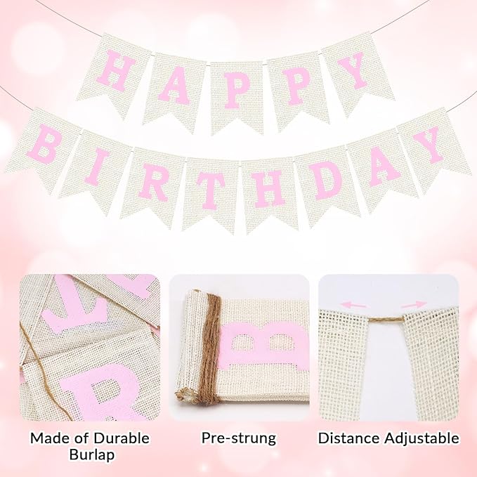 Burlap Happy Birthday Banner, Pink Assembled Happy Birthday Banner Sign Garland for Boys Girls Rustic Party Decorations