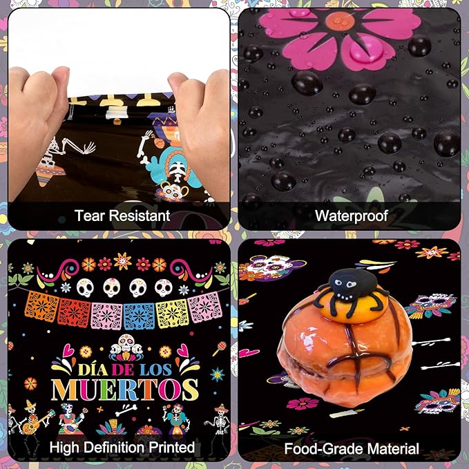 2 Pcs Day of The Dead Table Cloth - Plastic Dia De Los Muertos Tablecloth, Disposable Sugar Skull Floral Table Cover for Halloween Mexican Fiesta Party Decorations Supplies Favors, 108 x 54 Inch