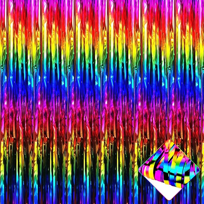 4 Pack 3.3Ft x 6.6Ft Rainbow Foil Fringe Curtain Backdrop, Colorful Metallic Tinsel Foil Fringe Streamers Curtains Background for Photo Booth, Birthday, Wedding, Valentine's Day Party Decoration