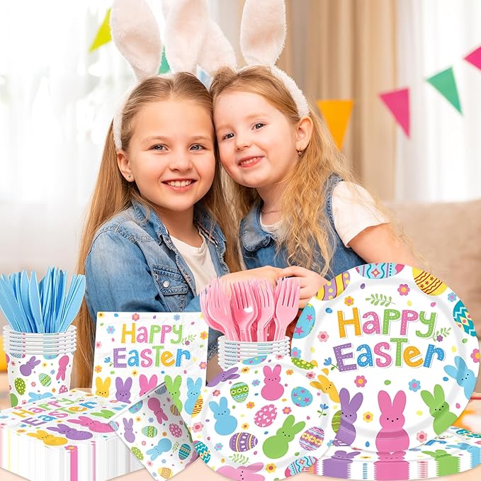 Easter Paper Plates and Napkins Sets,144pcs Bunny Egg Happy Easter Tableware Supplies Disposable Easter Themed Birthday Party Plates Napkins Cups for Spring Themed Decor