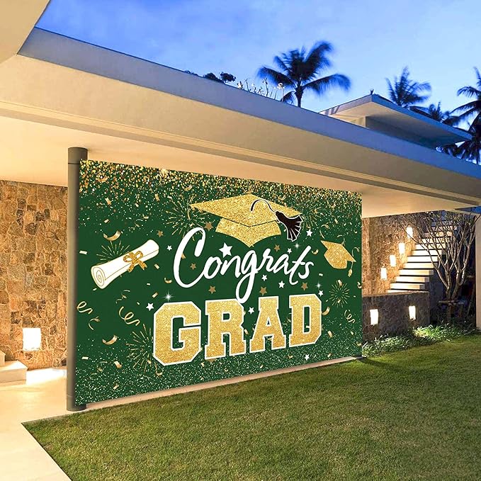 Graduation Party Decorations - Green Gold Congrats Grad Class of 2026 Backdrop Banner Large Sign Wall Decorations Photography Background Party Supplies for 2026 Graduation Party Decorations