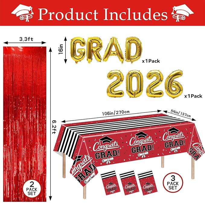 7-Pack Graduation Party Decorations Set, 3 Red Graduation Tablecloths 54x108in, 2026 and Grad Balloons, 2 Foil Fringe Curtains for High School College Graduation Party Photo Booth