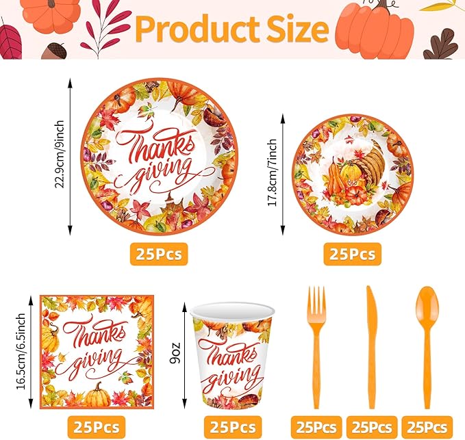 175 Pcs Thanksgiving Tableware Set - Serves 25, Harvest-Themed Disposable Plates, Cups, Napkins, Plastic Forks, Spoons, Knives for Thanksgiving Day Dinner, Fall Party Supplies, Autumn Gatherings