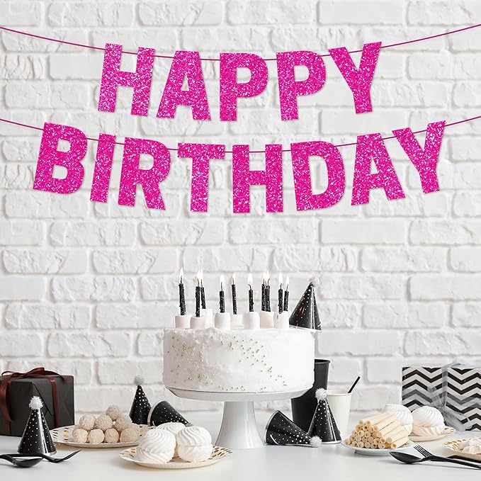 Pre-strung Happy Birthday Banner - No DIY - Hot Pink Glitter Happy Birthday Party Banner for Girls & Women - Pre-strung on 8 ft Strands - Hot Pink Bday Party Decorations & Decor. Did We Mention No DIY