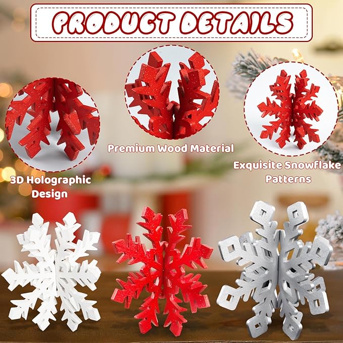 OuMuaMua Winter Christmas Centerpiece Table Decorations - 12pcs Wooden Snowflakes Decor 3D Red White Snowflake Tabletop Decor Snowflake Centerpiece for Xmas Holiday Tiered Tray Winter Farmhouse Decor