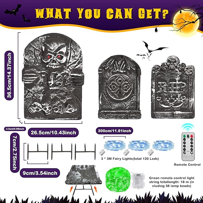 3 Pcs Halloween Tombstones Decoration with Green Remote Lights, Blue Lights, Plastic RIP Grave Yard Signs Outdoor Garden Party Decor
