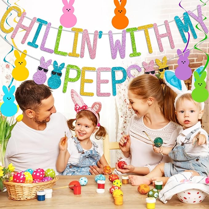 Glitter Chillin with My Peeps Banner with Bunny Hanging Swirls - NO DIY - Easter Party Decorations, Happy Easter Banner for Spring Easter Bunny Party Supplies Easter Peeps Decorations