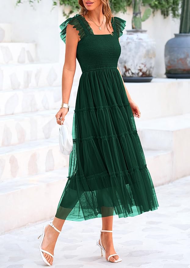 PRETTYGARDEN Women's Summer Tulle Midi Dress Sleeveless Smocked Ruffle Flowy Mesh Dresses Party Wedding Guest Sundress