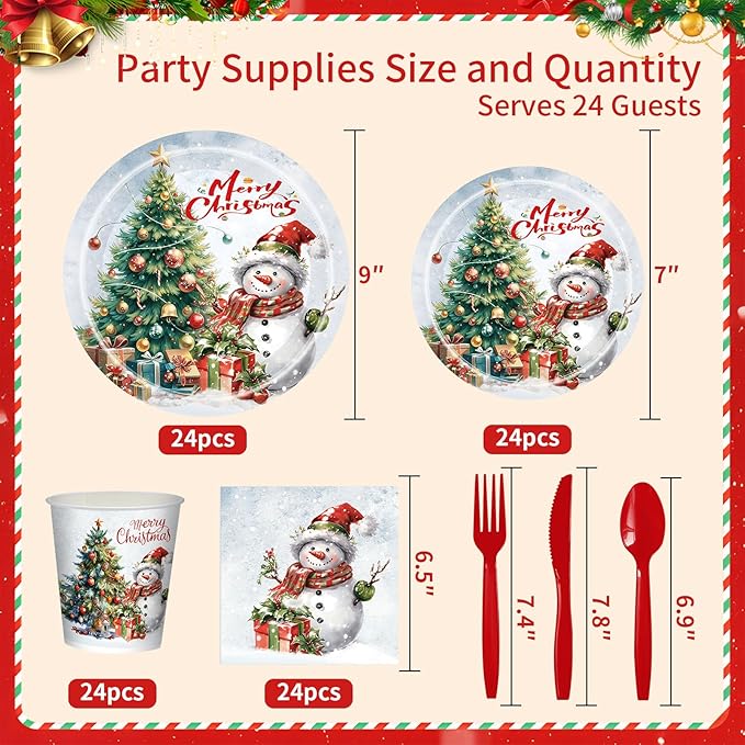 168 PCS Christmas Party Supplies Serve 24 Guests Merry Christmas Plates and Napkins Party Decorations Disposable Dinnerware Set Decor Snowman and tree