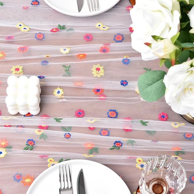 Joanlody Ivory Embroidery Daisy Spring Summer Table Runner 10ft Florals Seasonal Easter Tulle Table Runner Holiday Kitchen Dining Table Decoration for Home Party Indoor