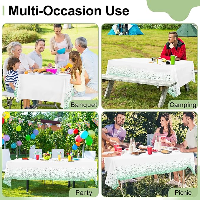 misaya 10 Packs Dot Disposable Table Cloth, 54 x 108 Inch Waterproof Plastic Tablecloth, Rectangle Green Dots in White Table Covers for Easter, Picnic, Birthday, Party