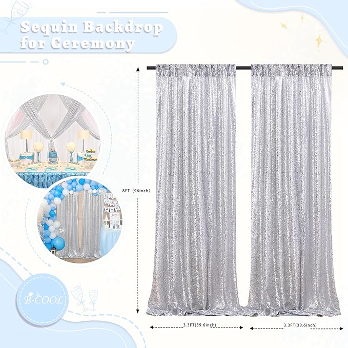 B-COOL Sequin Backdrop Curtains 2 Packs Silver Sparkle Backdrop 3.3ftx8ft Fabric Glitter Background Drapes for Party Ceremony Wedding Birthday Decoration