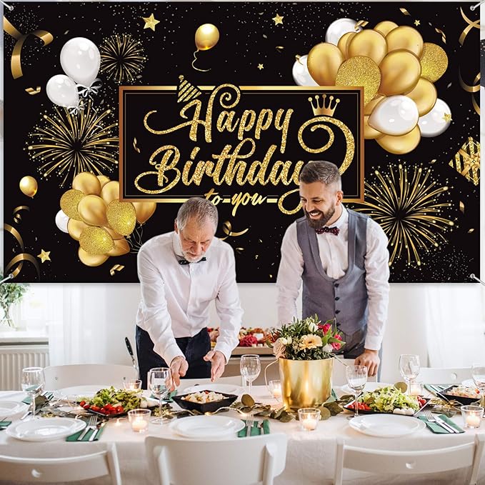Blulu Happy Birthday Banner Sign Poster Large Fabric Glitter Balloon Fireworks Sign Photo Backdrop Background for Birthday Decoration Supplies, 72.8 x 43.3in (Black and Gold)