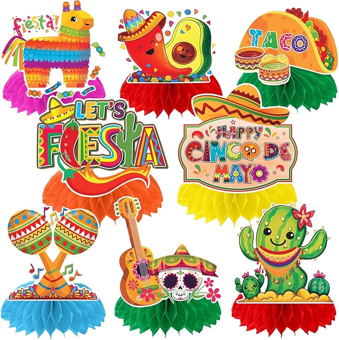 JULMELON 8PCS Cinco De Mayo Party Decorations, Mexican Fiesta Table Decorations Honeycomb Centerpiece for Mexican Theme Taco Party Birthday Supplies Fiesta Taco Bar Party Decor