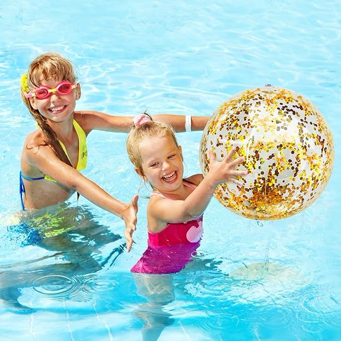 12 Pack Inflatable Glitter Beach Balls Bulk - 16" Beach Ball Swimming Pool Toys for Games Adults Kids, Summer Pool Beach Party Decoration,Luau Decorations Essential Blow Up Beach Ball (Gold,Glitter)