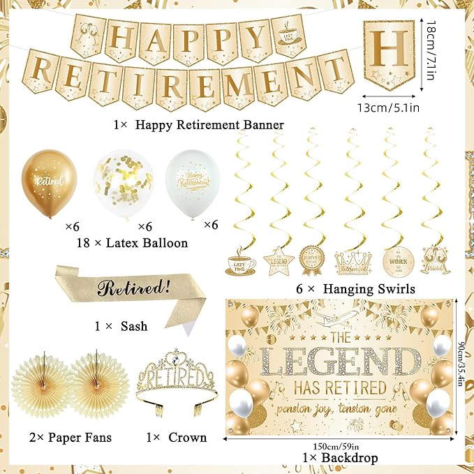 Roetyce Retirement Party Decorations Women, Champagne Gold Happy Retirement Banner Backdrop Balloons Hanging Swirls for Coworker, Gold Lengend Has Retired Sash & Crown, Office Retired Background
