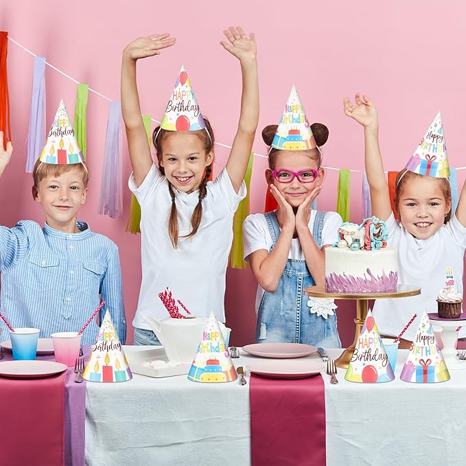 32Pcs Colorful Party Hats for Kids Happy Birthday Cone Paper Hats Classroom Celebration Supplies Favors
