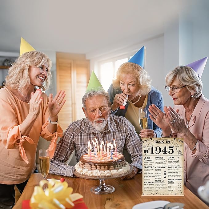 DARUNAXY 81st Birthday Party Decorations, Vintage Back in 1945 Poster Acrylic Sign with Stand 81 Year Old Party Supplies for Men& Women Vintage 1945 Table Decor 81st Anniversary Class Reunion Gifts