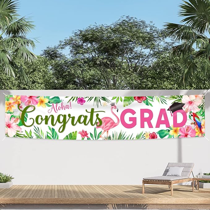 Aloha Congrats Grad Banner Graduation Decorations Class of 2026 Large Luau Grad Yard Sign Hawaiian Hanging Grad Backdrop Outdoor/Indoor Tropical 2026 Graduation Party Supplies 118"x 24"