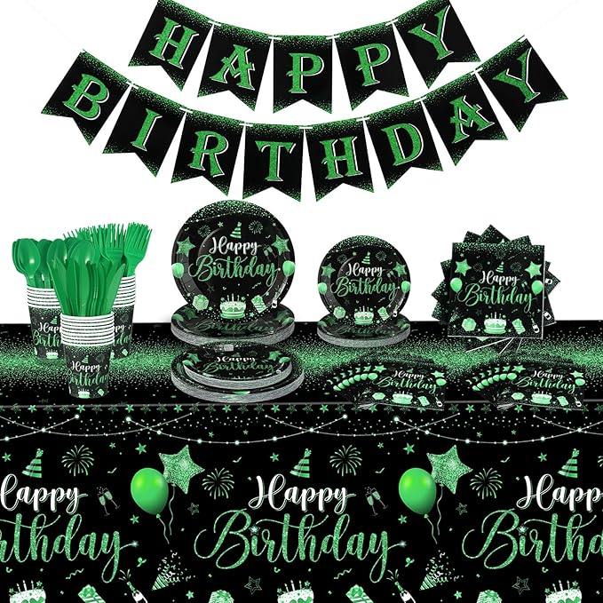 Vesici 171 Pcs Happy Birthday Party Supplies 24 Set Disposable Party Tableware include Plates Cups Napkins Cutlery and Banner Tablecloth Birthday Dinner Decorations for Men Woman(Black, Green)
