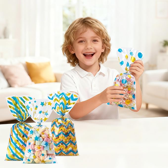 Aegero 120 Pack Blue/Gold (wave dots/ wave stripes /diagonal stripes/Star Printed)Cellophane Treat Bags,10.63 x 5.12 Inch Plastic Candy Goodies Bags with 140 Pcs Twists for Valentine,Birthday,Bakery,Wedding,Gift Cookie Snack Packing,Party Favor Supplies