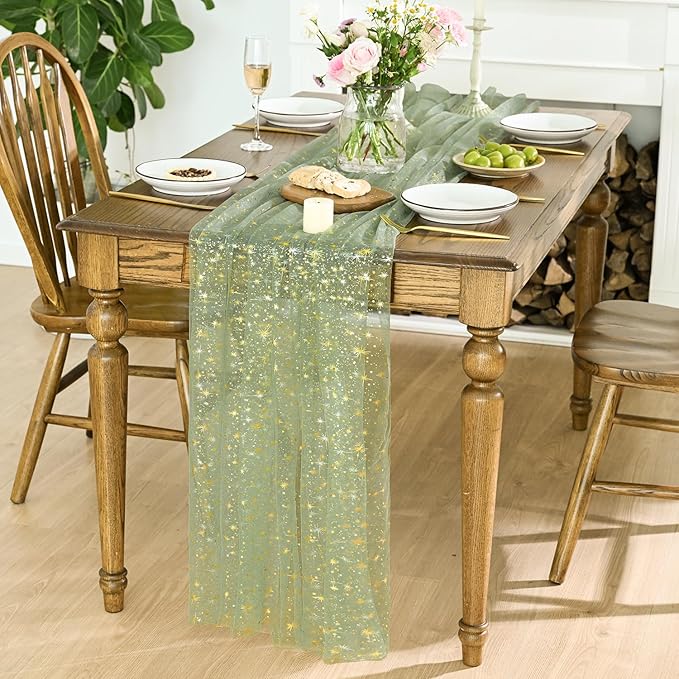 Horaldaily Sage Green Gold Sparkling Star Gauze Tablecloth 60x60 Inch Square, Golden Star Sequin Glitter Metallic Foil, Sheer Tulle Cheesecloth for Wedding Baby Shower Party